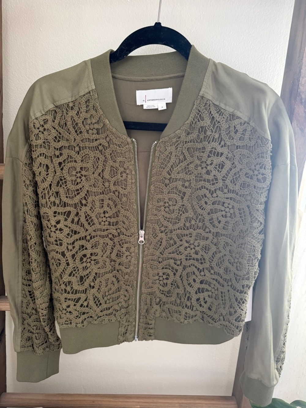 Anthropologie Olive Lace-Front Bomber Jacket